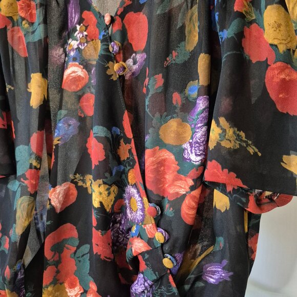 Vintage 80s-90s 1940s-Inspired Sheer Floral Top | Diagonal Buttons | M–L - Picture 6 of 8
